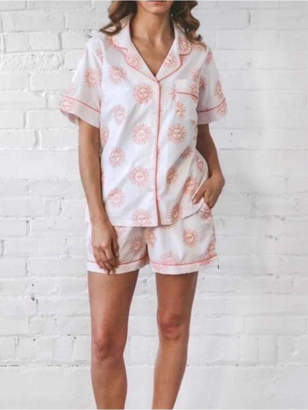 EUC PRINTFRESH Luxury Cotton Embroidered Sunrise Shirt Pajama Set L Coral/White